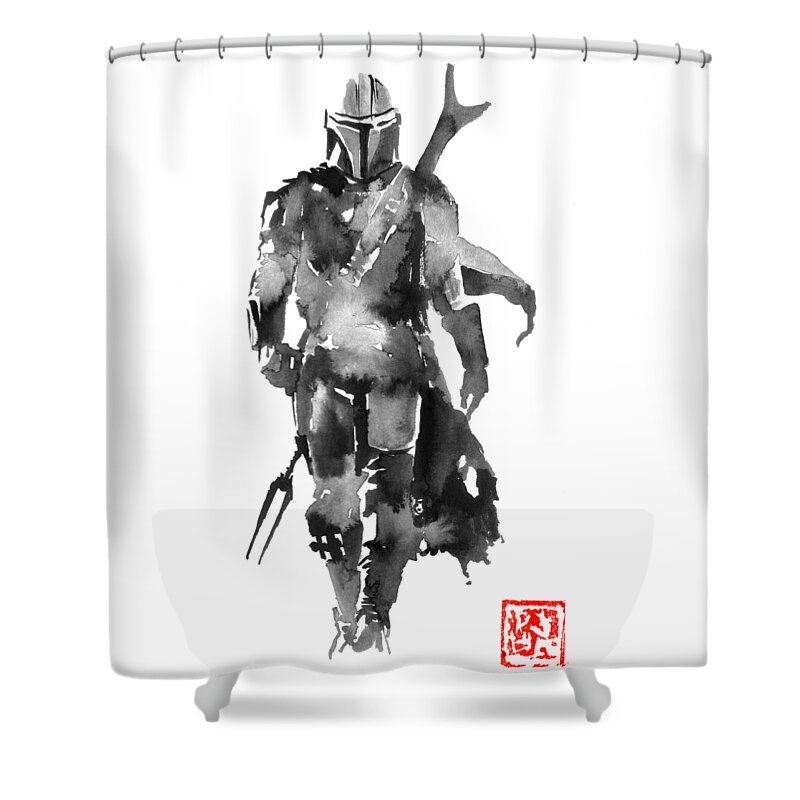 Mandalorian Star Wars Sumie Japan Shower Curtain featuring the drawing Mandalorian by Pechane Sumie