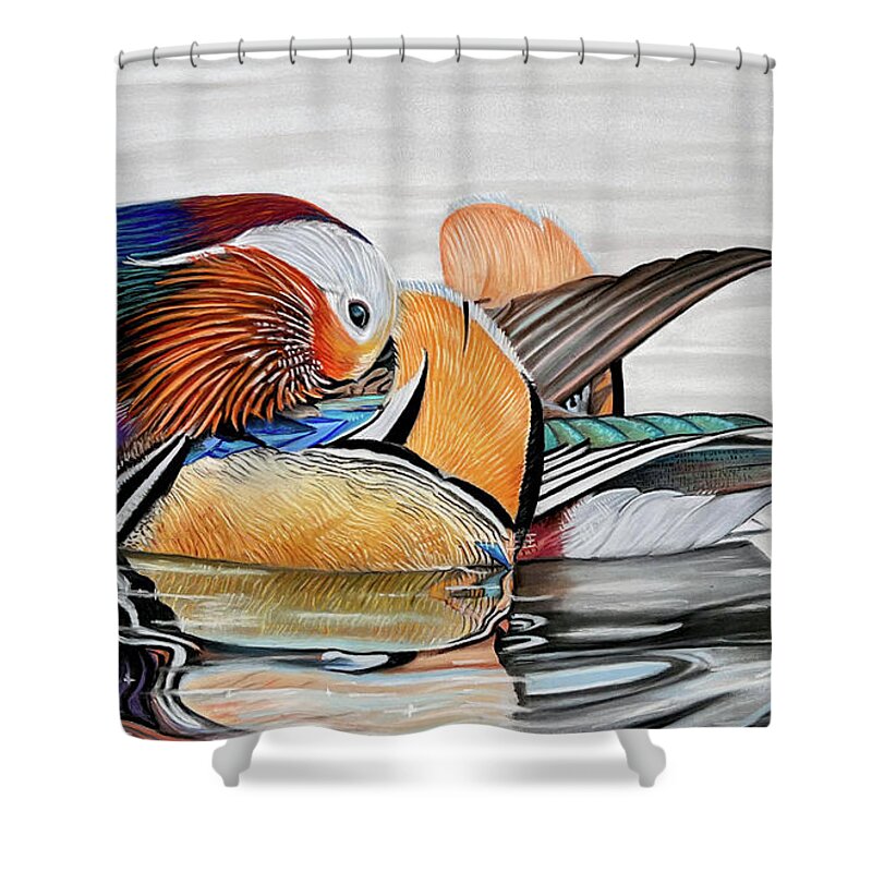 Duck Shower Curtain featuring the pastel Mandarin Duck by Mark Ray