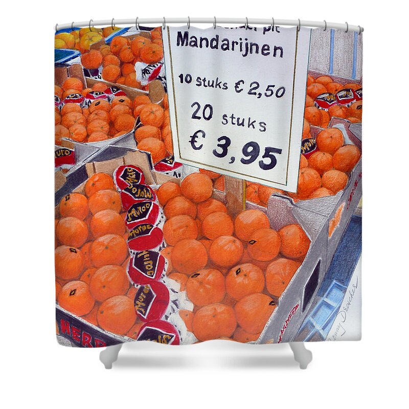 Orange Shower Curtain featuring the mixed media Mandarins by Constance DRESCHER