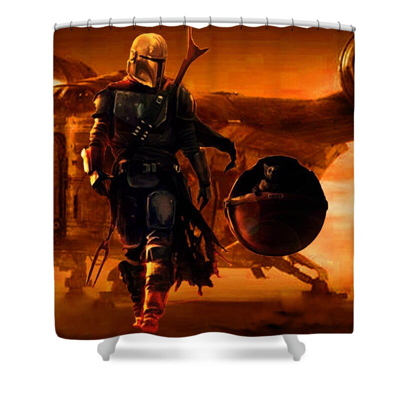 The Mandalorian Parody Collection Shower Curtain featuring the digital art Mando and Baby Yoda 4 by Aldane Wynter