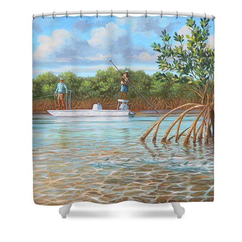 Bonefish Shower Curtain featuring the painting Mangrove Wall by Guy Crittenden