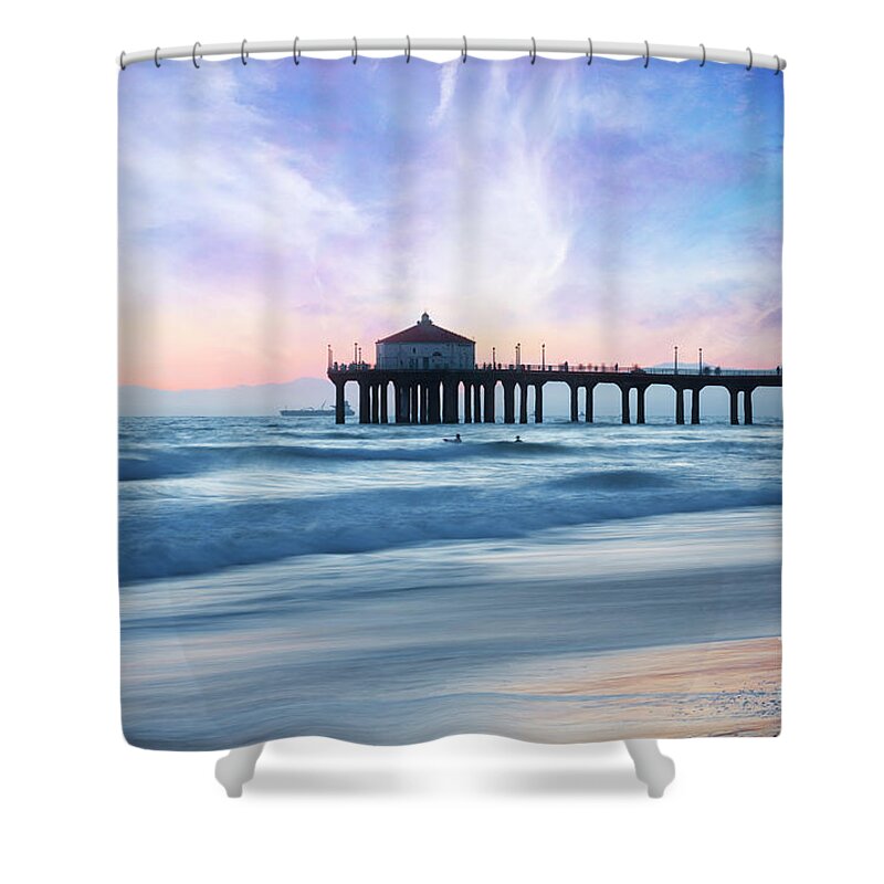 Sunset Shower Curtain featuring the photograph Manhattan Beach Pier at dusk by Stella Levi
