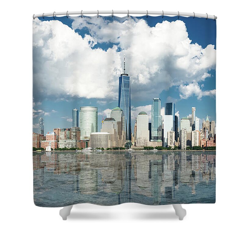 America Shower Curtain featuring the photograph Manhattan skyline, reflection on Hudson river by Jean-Luc Farges