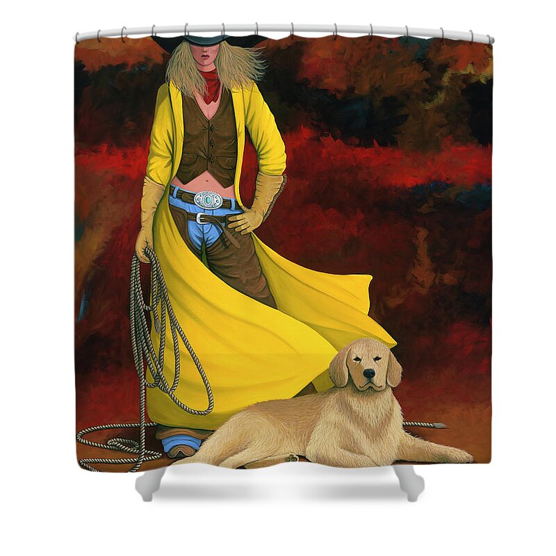 Cowgirl Girl And Dog Shower Curtain featuring the painting Man's Best Friend by Lance Headlee