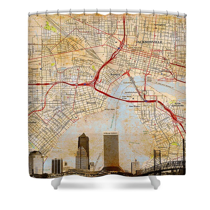 Map Shower Curtain featuring the digital art Map of Downtown Jacksonville, Florida, and skyline blended on old paper by Nicko Prints