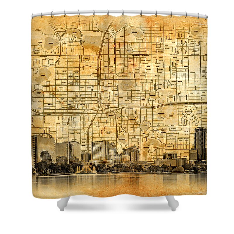 Orlando Map Shower Curtain featuring the digital art Map of downtown Orlando, Florida, and skyline blended on old paper by Nicko Prints