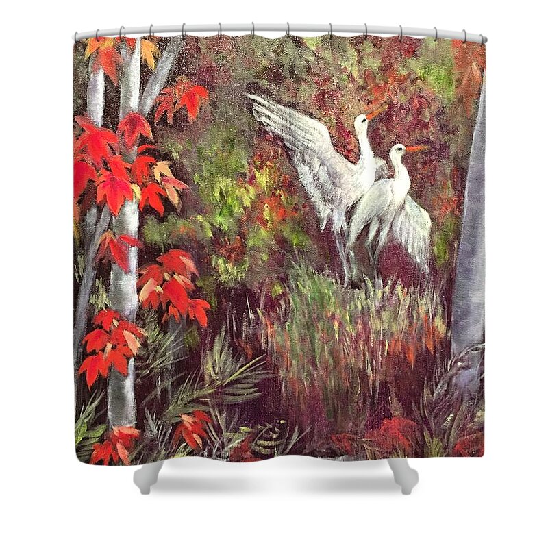 Cranes Shower Curtain featuring the painting Maple Wonderland by Vina Yang