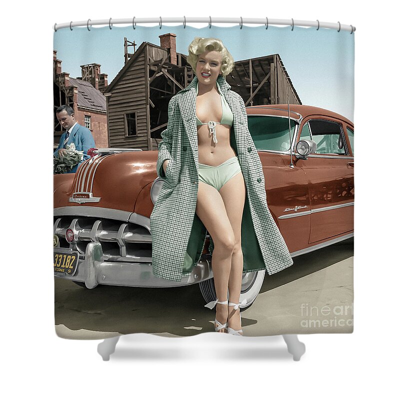 Marilyn Monroe Pinup Sexy Girl California Movies Vintage 1950s Pontiac Hollywood Cars Blond Famous Portrait Fantasy Full Colors  Shower Curtain featuring the photograph Marilyn and the Pontiac by Franchi Torres