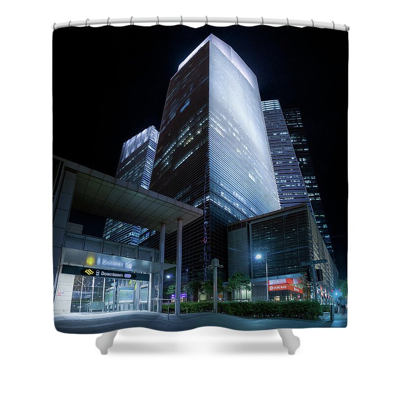 Night Shower Curtain featuring the photograph Marina Bay Financial Centre by Rick Deacon