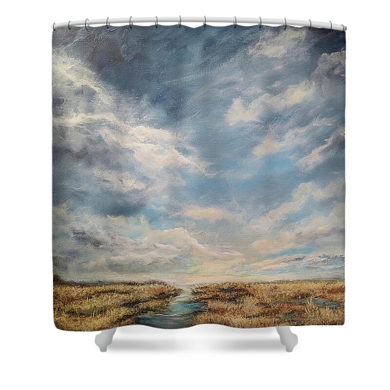 Landscape Shower Curtain featuring the painting Marshland Symphony by Jai Johnson