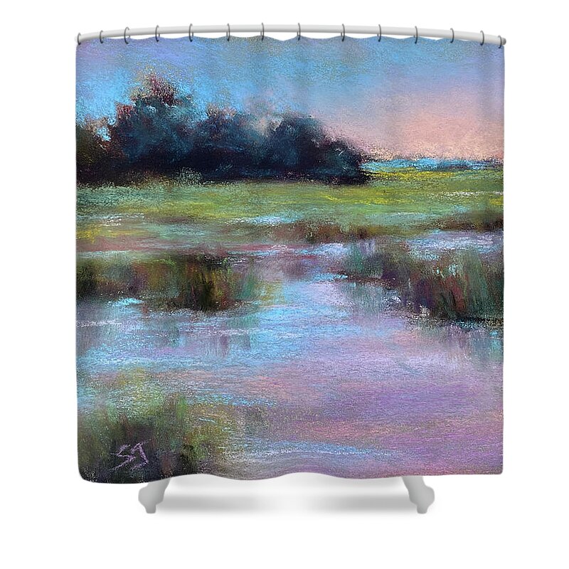 Marsh Shower Curtain featuring the painting Marshy Blues by Susan Jenkins