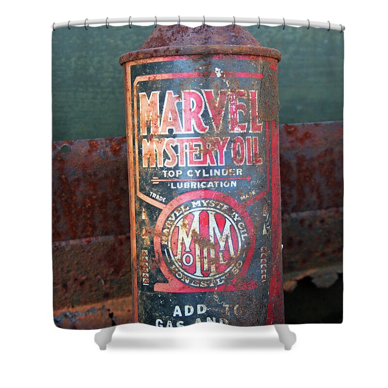 Marvel Mystery Oil By Norma Appleton Shower Curtain featuring the photograph Marvel Mystery Oil by Norma Appleton