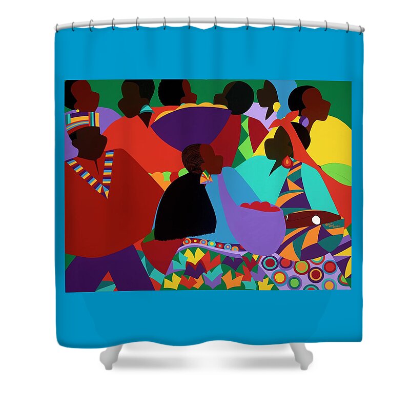 Marketplace Shower Curtain featuring the painting Masekelas Marketplace Congo by Synthia SAINT JAMES