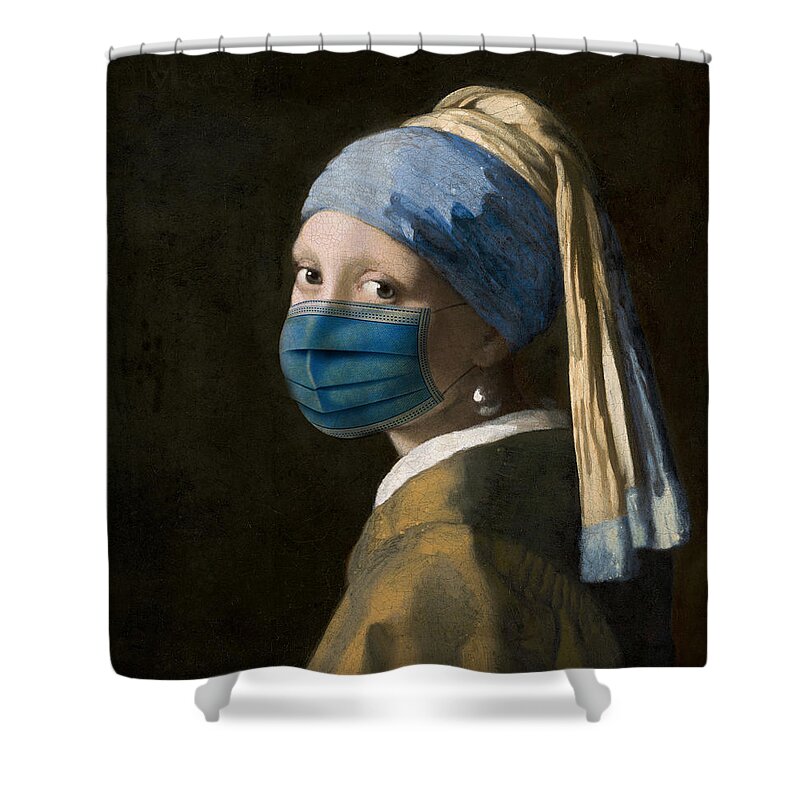 Coronavirus Shower Curtain featuring the digital art Masked Girl with a Pearl Earring by Nikki Marie Smith