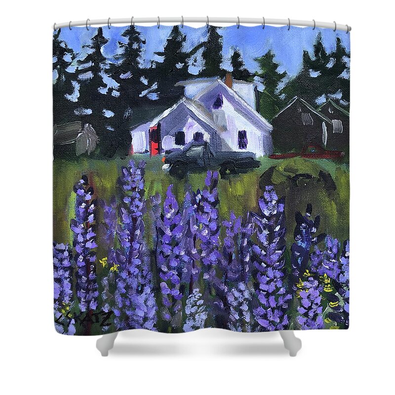 Maine Shower Curtain featuring the painting Matinicus House with Lupine by Cyndie Katz