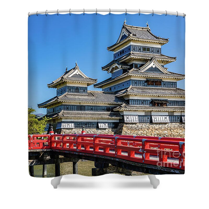 Castle Shower Curtain featuring the photograph Matsumoto castle and bridge by Lyl Dil Creations
