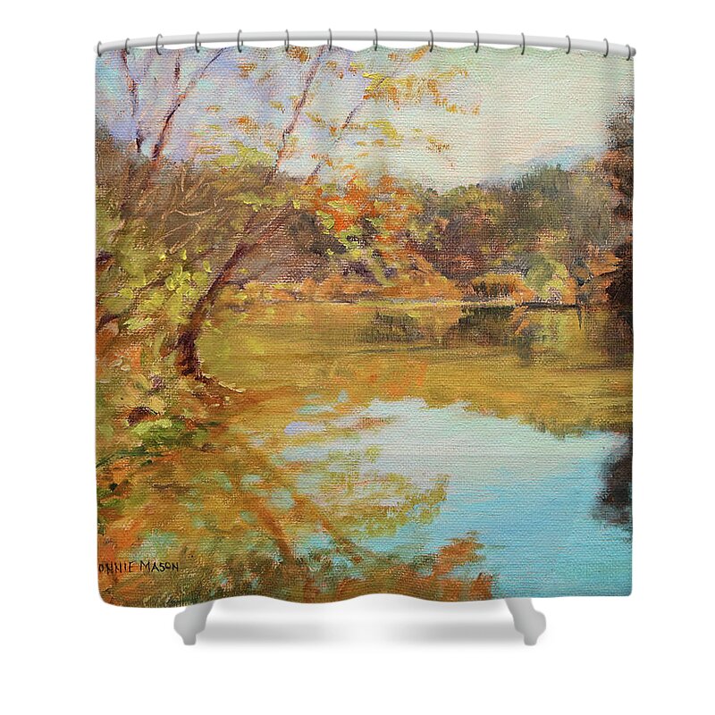 Maury River Shower Curtain featuring the painting Maury Reflections - Chessie Nature Trail near Lexington by Bonnie Mason