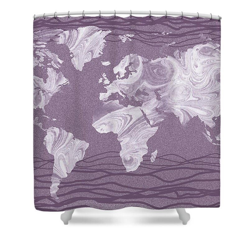 World Map Shower Curtain featuring the painting Mauve Marble Watercolor World Map Silhouette by Irina Sztukowski