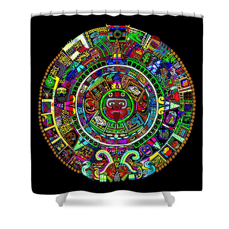 Mayan Calendar Shower Curtain featuring the mixed media Mayan Calendar Redux by Myztico Campo