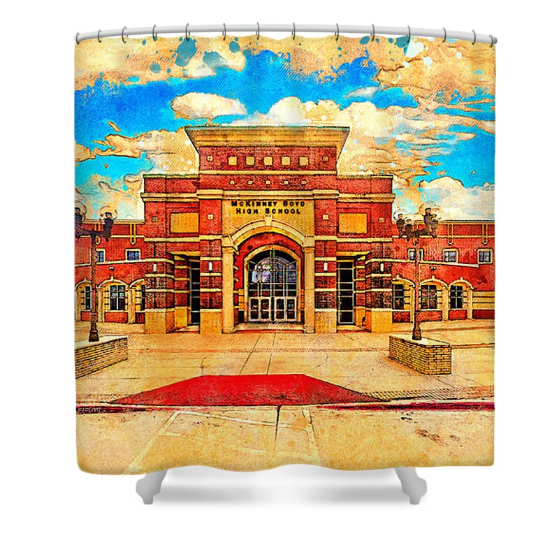 Mckinney Boyd High School Shower Curtain featuring the digital art McKinney Boyd High School - digital painting with a vintage look by Nicko Prints