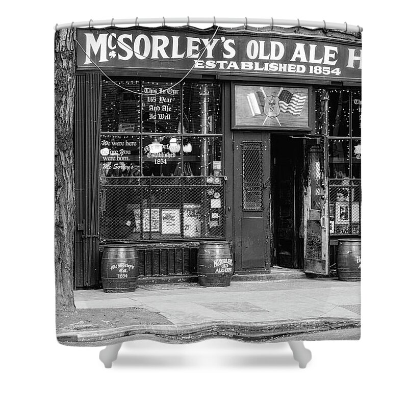 Mcsorley's Old Ale House Shower Curtain featuring the photograph McSorley's Established 1854 NYC BW by Susan Candelario