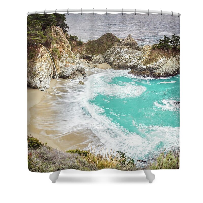 Big Sur Shower Curtain featuring the photograph McWay Falls Big Sur by Gary Geddes