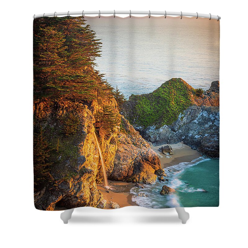 America Shower Curtain featuring the photograph McWay Falls Sunset by Inge Johnsson