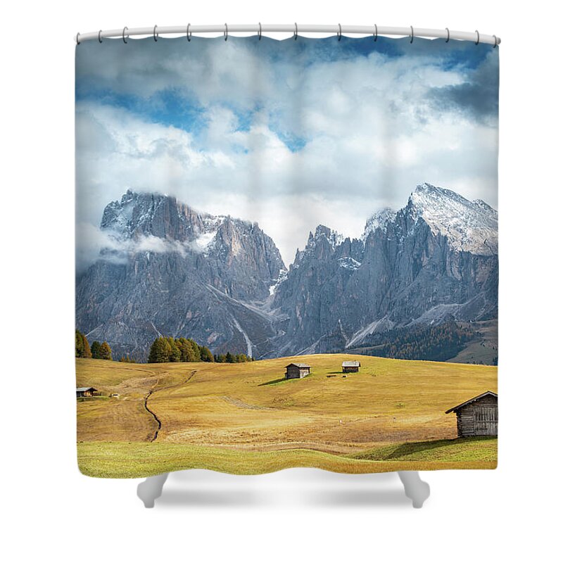 Mountain Landscape Shower Curtain featuring the photograph Meadow field and the Dolomiti rocky peaks Alpe di siusi Seiser Alm Italy by Michalakis Ppalis