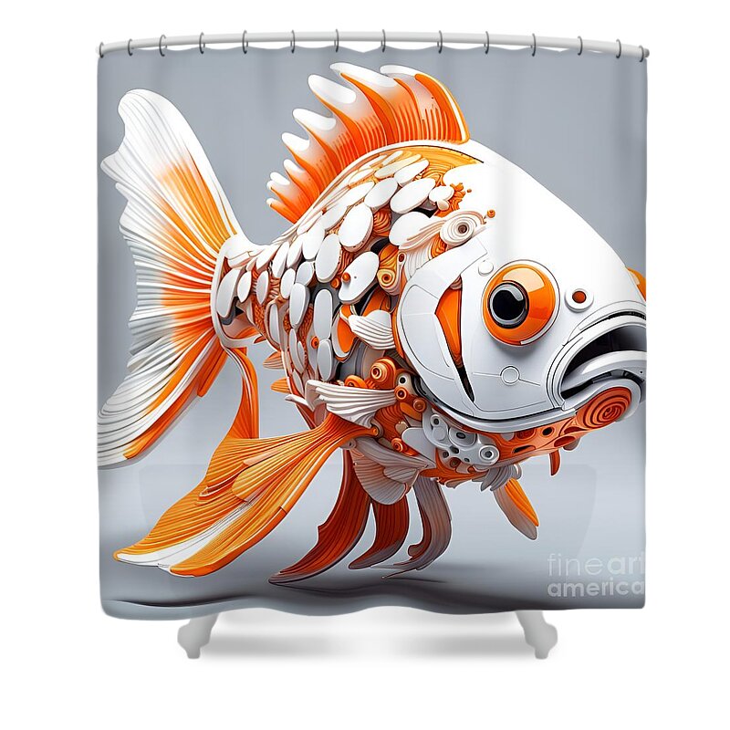 Detailed Sculpture Shower Curtain featuring the digital art Mechanical Elegance - Biomorphic Goldfish Sculpture in White and Orange by Artvizual