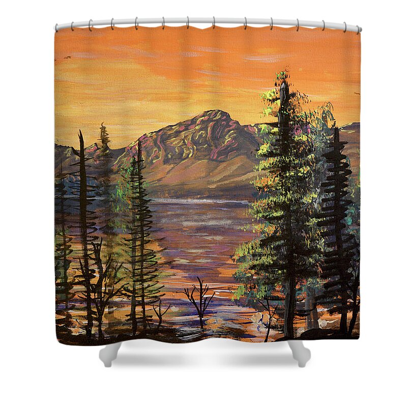 Medicine Shower Curtain featuring the painting Medicine Bow Peak and Lake Marie by Chance Kafka