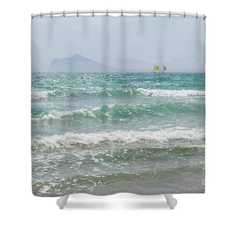 Mediterranean Sea Shower Curtain featuring the photograph Mediterranean Sea with waves and sailboats by Adriana Mueller