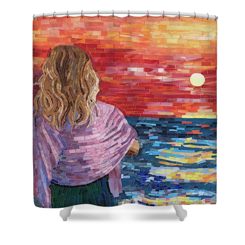 Mosaic Shower Curtain featuring the mixed media Mediterranean Sunset by Adriana Zoon