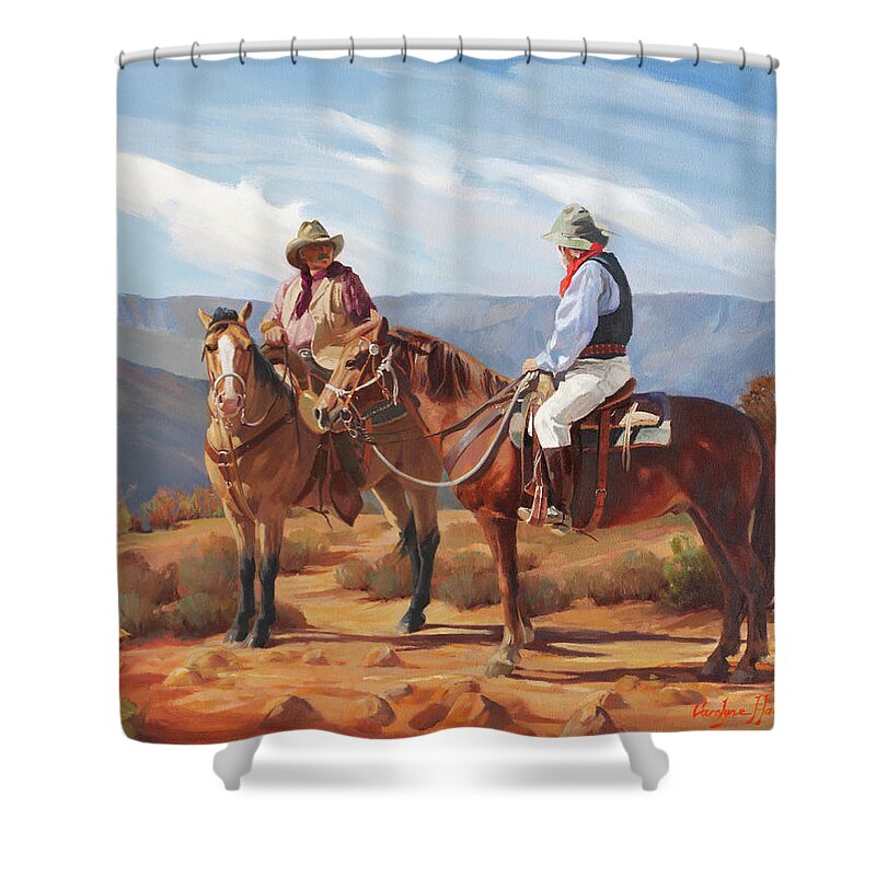 Western Art Shower Curtain featuring the painting Meeting on Rim Trail by Carolyne Hawley
