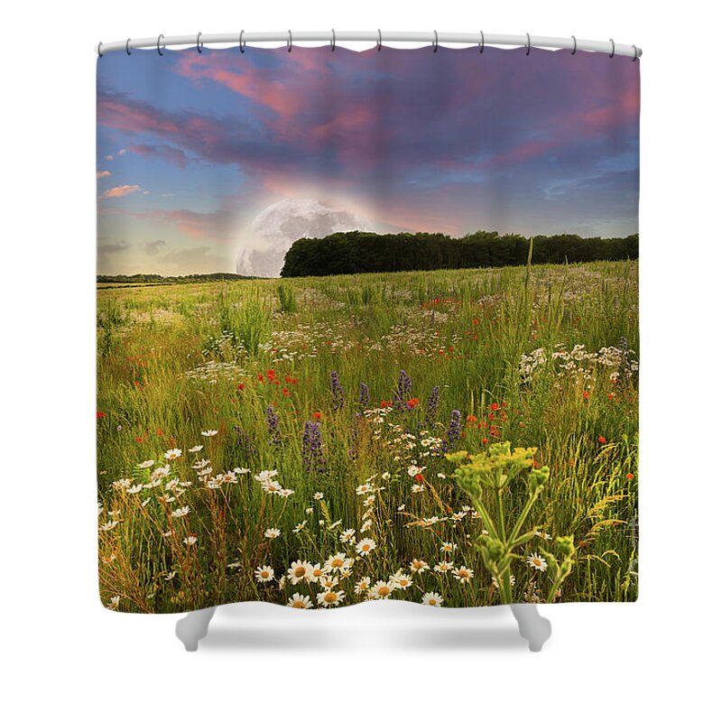 Norfolk Shower Curtain featuring the photograph Mega moon rising over flower meadow by Simon Bratt
