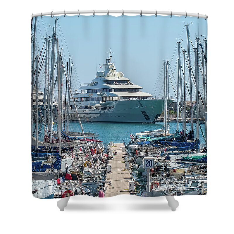 Alpes Mari Shower Curtain featuring the photograph Mega yacht in Antibes by Jean-Luc Farges