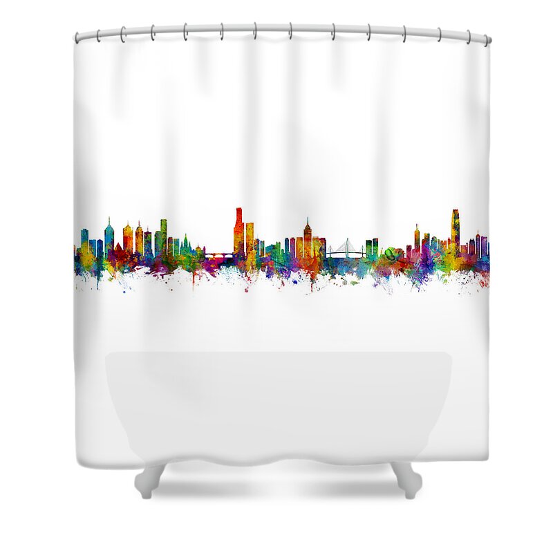 Hong Kong Shower Curtain featuring the digital art Melbourne and Hong Kong Skylines Mashup by Michael Tompsett
