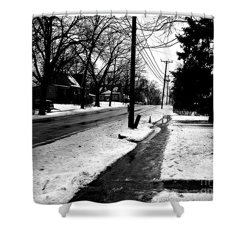 Street Shower Curtain featuring the photograph Melting Snow Down the Street - Black and White by Frank J Casella