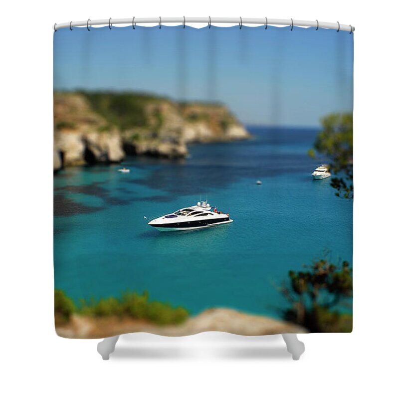 Tropical Shower Curtain featuring the photograph Menorca, island, Spain, photo effect miniature yacht by Severija Kirilovaite