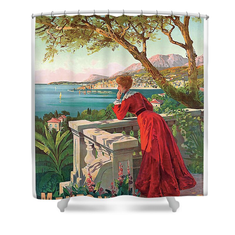 Menton Shower Curtain featuring the painting Menton, France, vintage travel poster by Long Shot