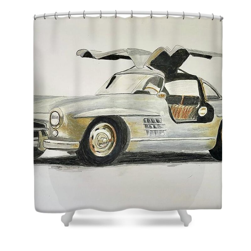 Mercedes Shower Curtain featuring the pastel Mercedes Benz 300SL by Richard Le Page