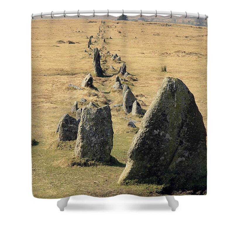 Merrivale Shower Curtain featuring the photograph Merrivale ancient stone row, Devon by Tony Mills