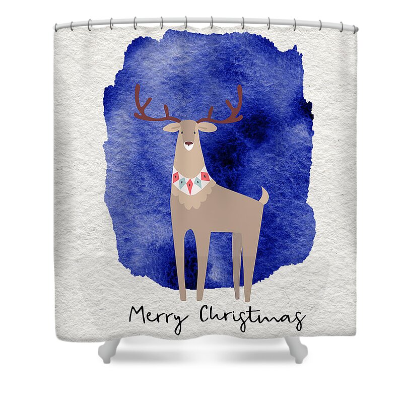 Merry Christmas Shower Curtain featuring the painting Merry Christmas Blue Watercolor Deer by Modern Art