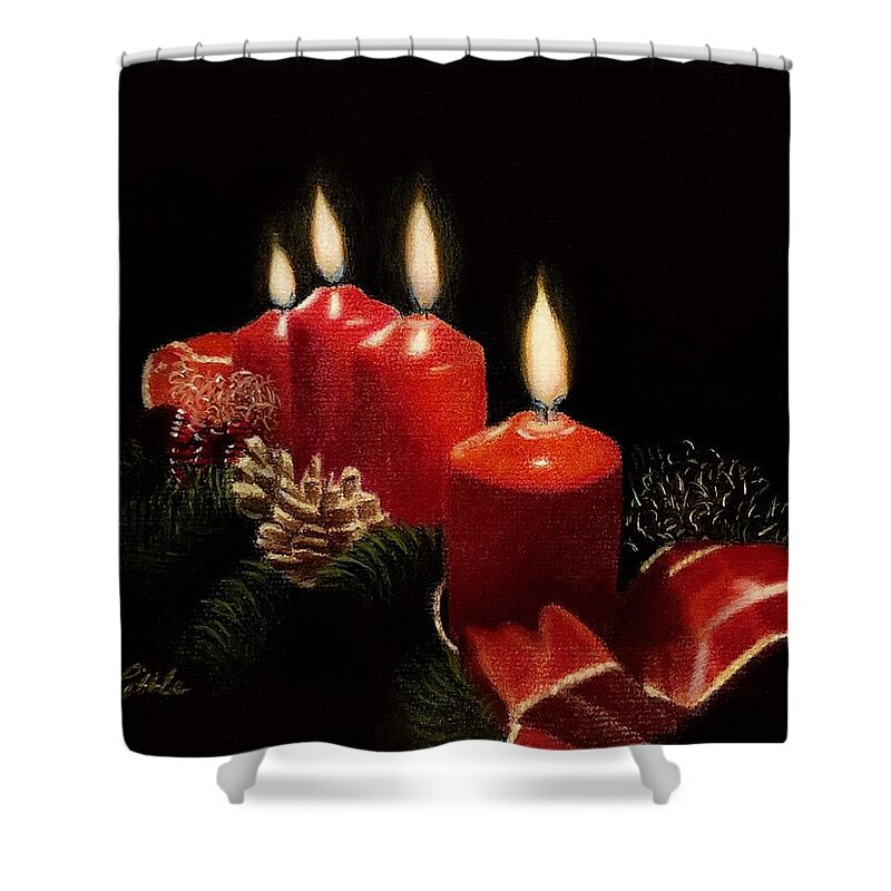 Candles Shower Curtain featuring the pastel Merry Christmas by Marlene Little