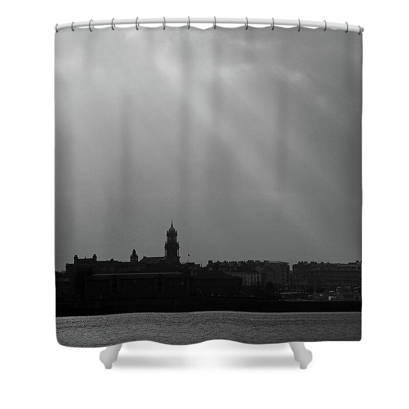 Liverpool; River Mersey; Black And White; Landscape; Cityscape; Skyline; Great Britain; Merseyside; Wirral Birkenhead; Sunbeams; Silhouette; Sky; Clouds; England; Shower Curtain featuring the photograph Mersey Sunbeams by Lachlan Main