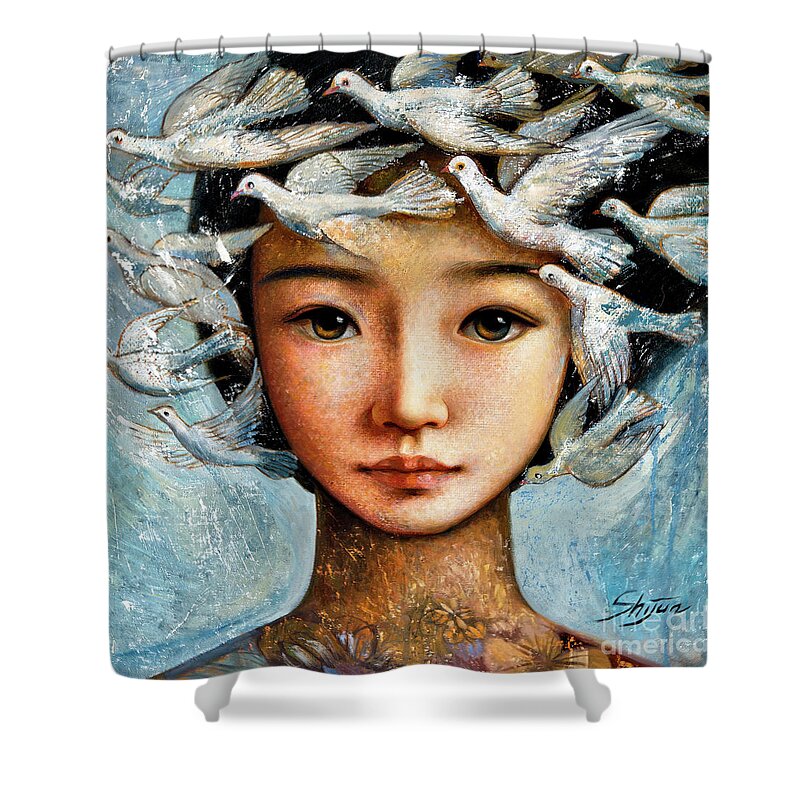 Figurative Art Shower Curtain featuring the painting Message of Peace by Shijun Munns