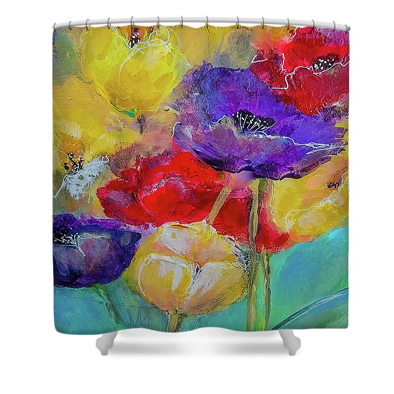 Messy Shower Curtain featuring the painting Messy Summer Floral Competing For Attention by Lisa Kaiser