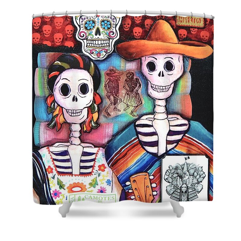 Dia De Los Muertos Shower Curtain featuring the mixed media Mexican Gothic Collage by Candy Mayer