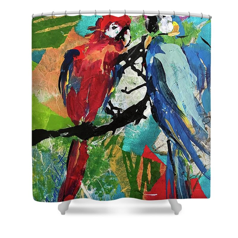 Parrots Shower Curtain featuring the painting Mexico Macaws by Elaine Elliott