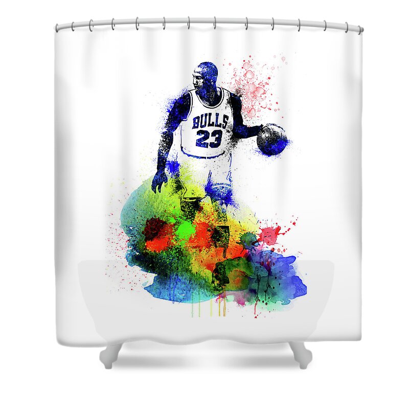 Michael Jordan Shower Curtain featuring the mixed media Michael Jordan Watercolor I by Naxart Studio