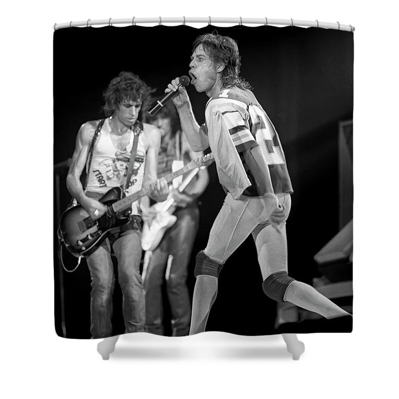 Keith Richards Shower Curtain featuring the photograph Mick Jagger in Action by Jurgen Lorenzen